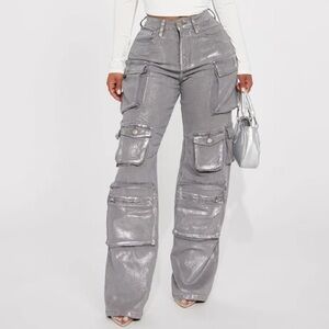 Fashion Nova Silver Metallic Straight Leg Cargo Pants